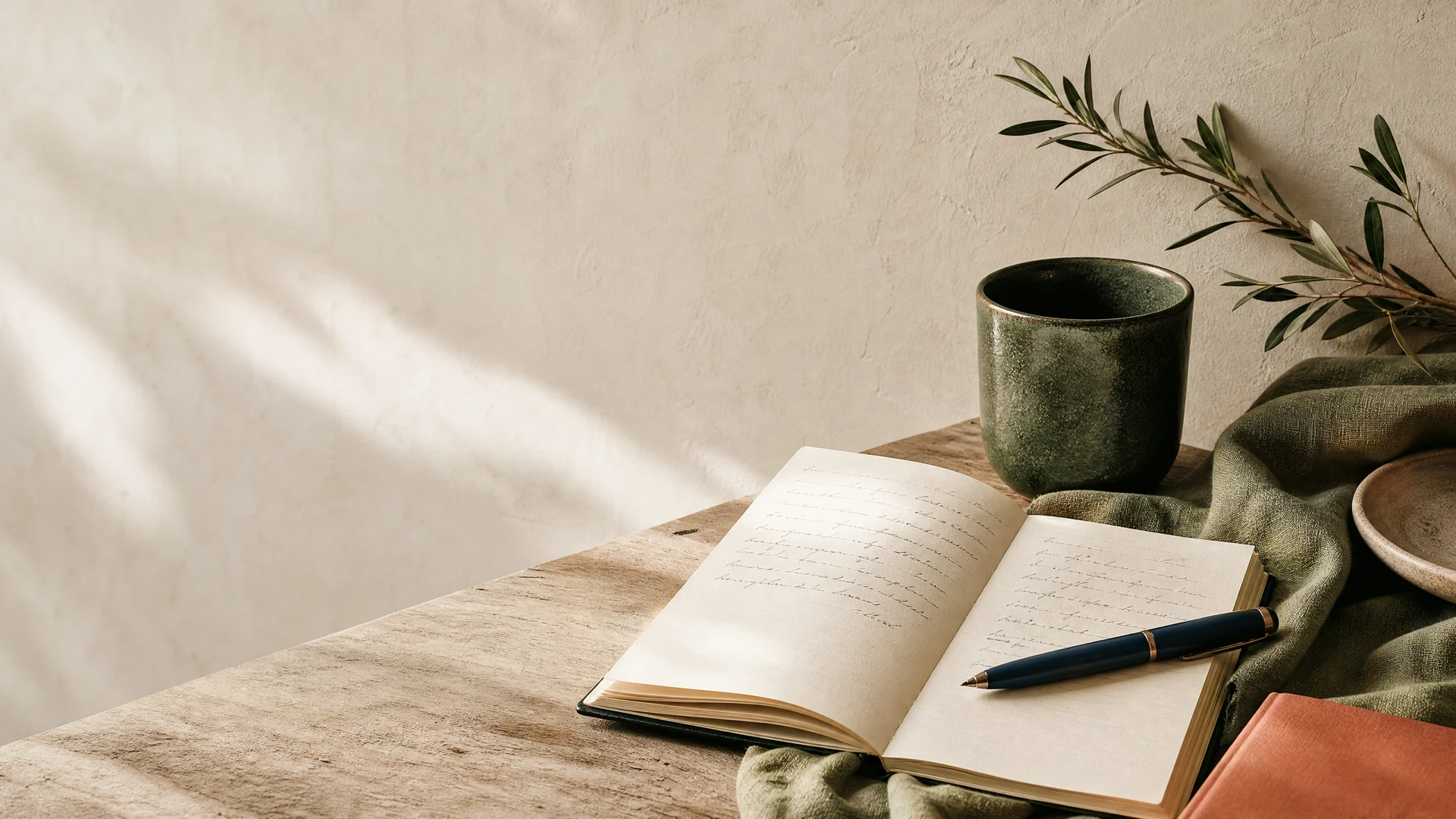 Caderno aberto sobre uma mesa com luz natural